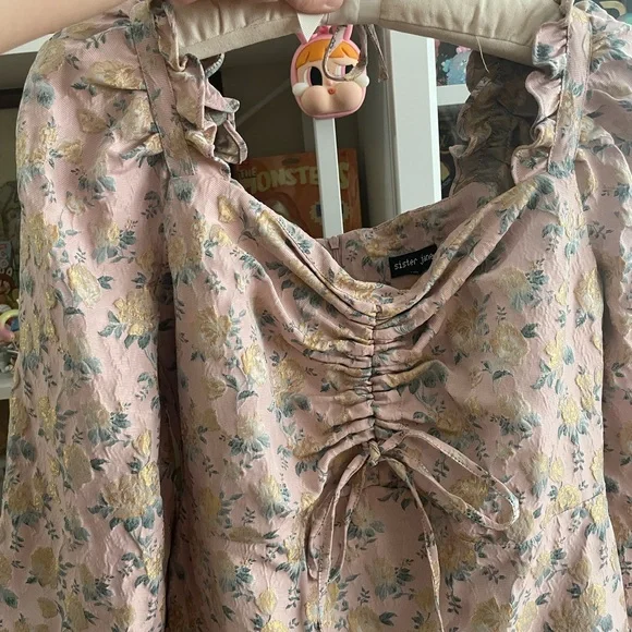 Sister Jane Pink Floral Jacquard Puff Sleeve Mini Dress Size L - Picture 10 of 11